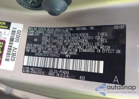 2007 Toyota Sienna Le z USA, uszkodzony, nr VIN 5TDZK23CX7S066422